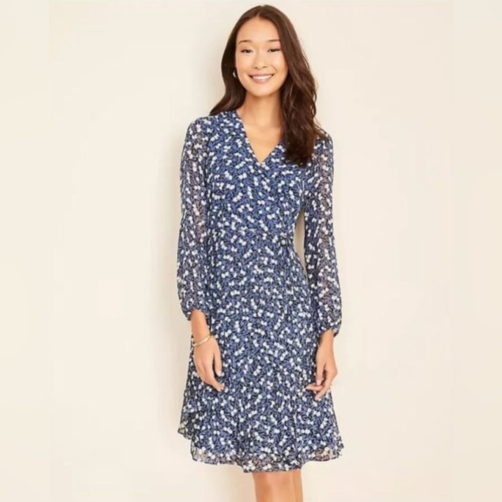 NWT Ann Taylor Petite Floral Pleaded Wrap Blue Dress - Size 12